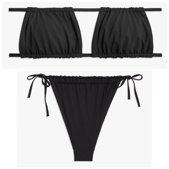 WeWoreWhat Other - WeWoreWhat Ruched Bandeau Top High Leg Tie Side Bikini Bottoms in Black